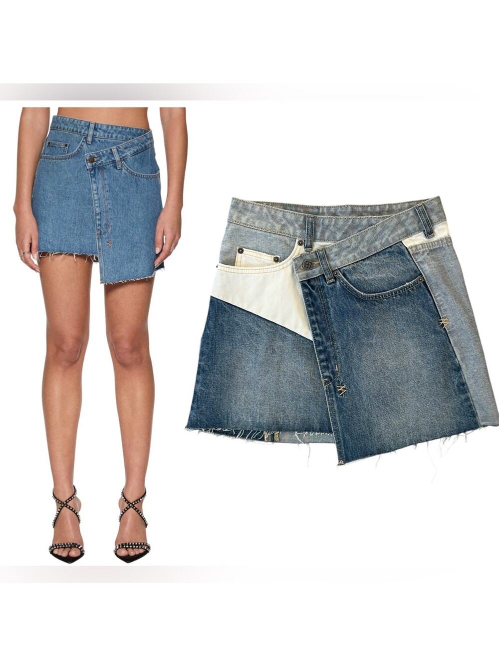 Ksubi Rap Denim Mini Skirt Tones Mixed Asymmetric Wrap Jean Denim Skirt Size 25
